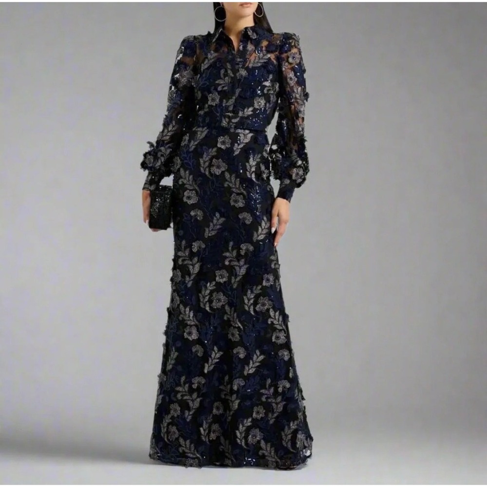 Badgley Mischka Evening Gown 3D Floral Lace Appliqué ShirtDress Embroidered